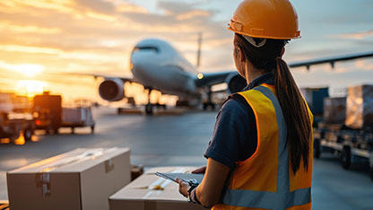 Airport technician looking at parked passenger plane